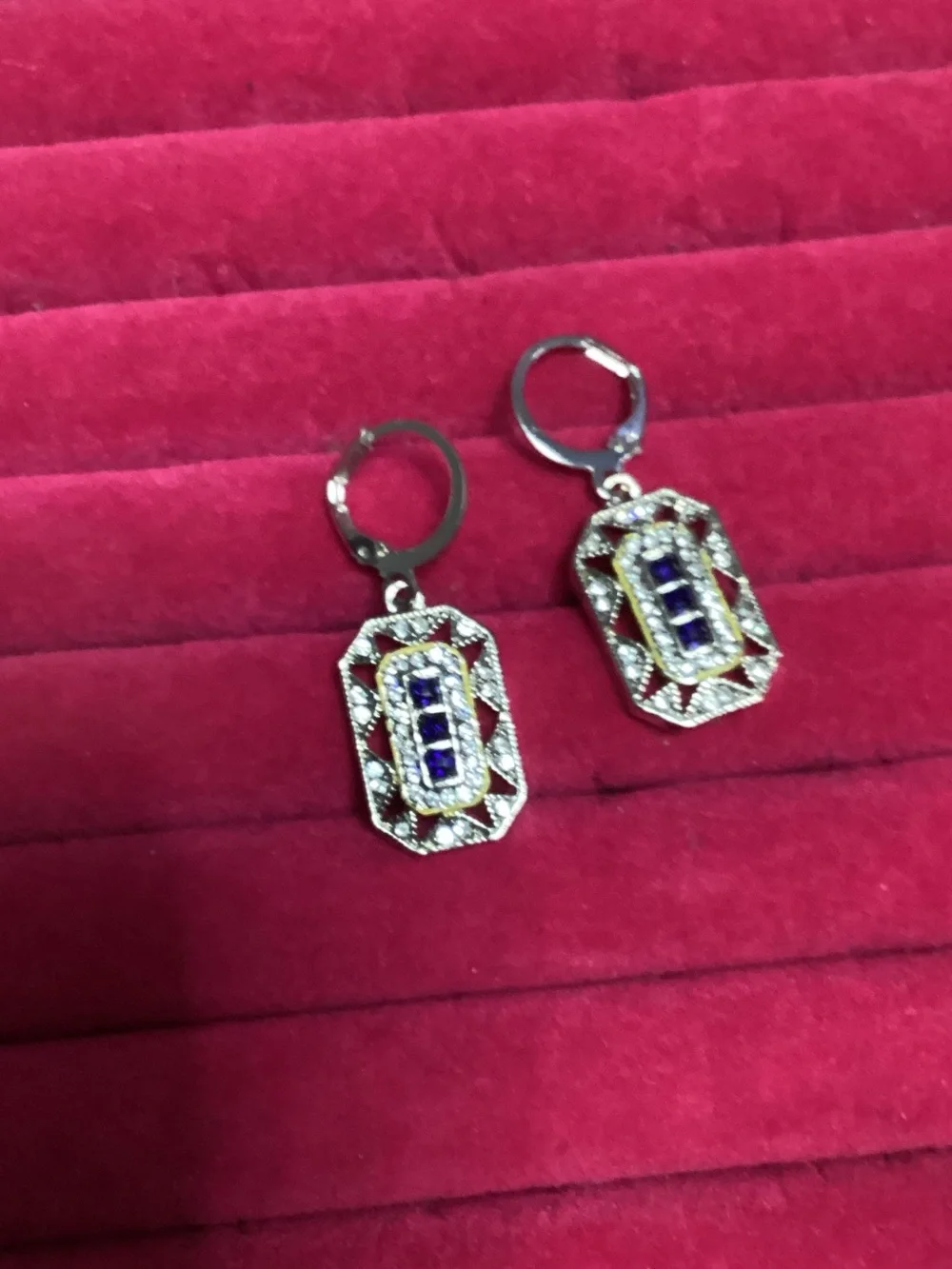 New Silver Drop Earrings with Blue and Clear Stones 1” long